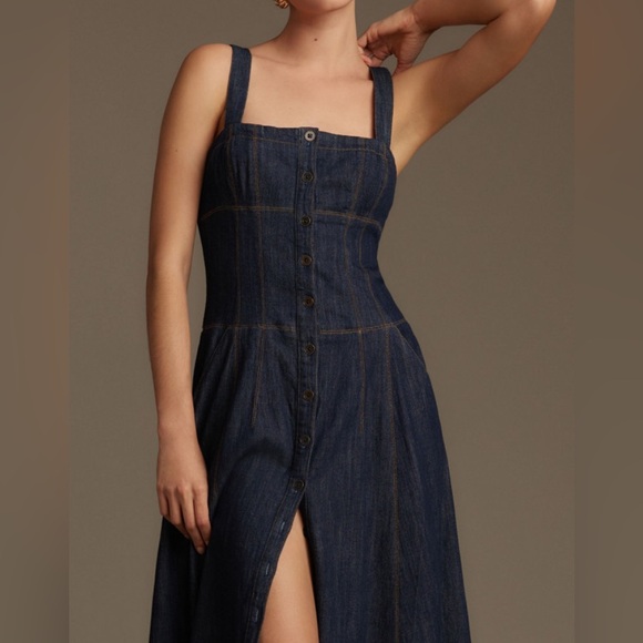 Maeve Denim Midi Button-Front Corset Midi Dress - Picture 4 of 10